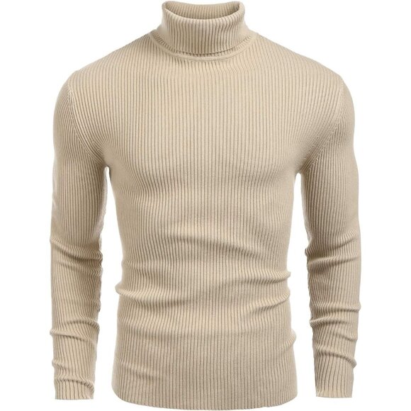 Men's Sweater Pullover Slim Fit Knitted Casual Turtleneck Khaki Size XS-XXL